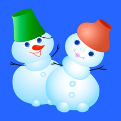 Funny Snowmen, a bucket On the head, a pot. Christmas, New year. Blue.Vector
