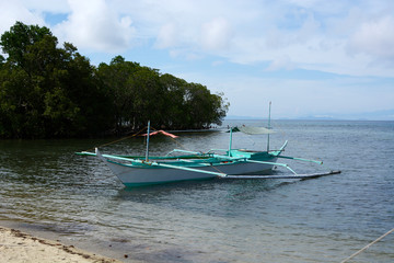 Fototapeta na wymiar Laiya, San Juan, Batangas, Philippines - May 28, 2017: fishing boat parked anchored on mangrove sea bay