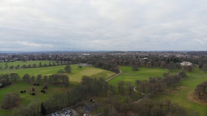 Roundhay Park aerial shots from above, showing paths, playing fields & trees showing fantastic Autumn colour.