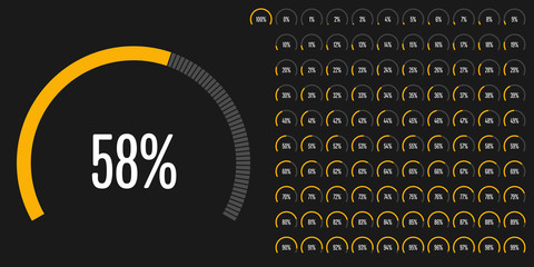 Fototapeta na wymiar Set of circular sector percentage diagrams (meters) from 0 to 100 ready-to-use for web design, user interface (UI) or infographic - indicator with yellow
