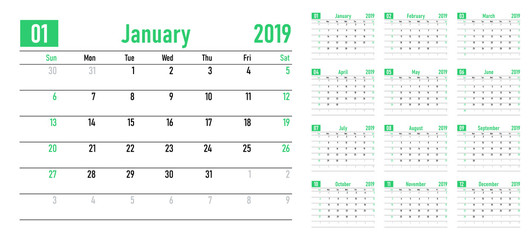 Calendar planner 2019 template vector illustration all 12 months week starts on Sunday and indicate weekends on Saturday and Sunday