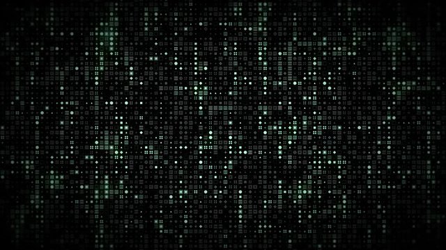 Bright glowing computer symbols appear on stream grid in futuristic big data information technology concept. Dark cyberspace internet or cryptocurrency blockchain network background. 4K 3D animation