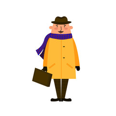 A man in a coat, scarf and hat holding a suitcase. Character in the style of flat gentleman with a mustache.