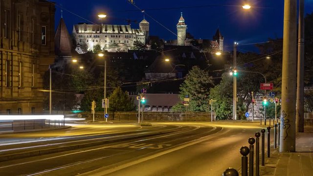 night timelaps from the nuremberg castle and lighttrails traffic lights zoom in