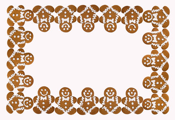 Holiday Christmas theme border of Gingerbread Men cookies. Isolated on white background. 