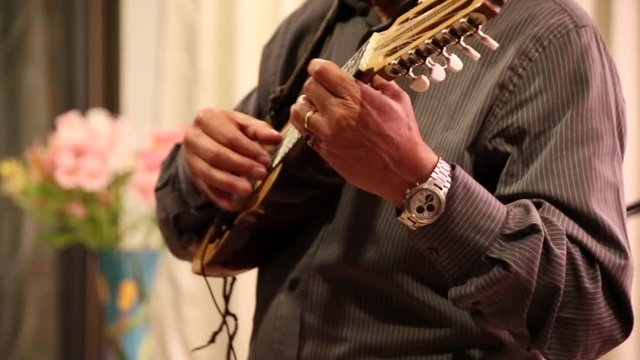 Cuenca, Ecuador - 20161116 -Man Demonstrates Fast Finger Control on Charango Viewed From End of Frets