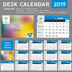 Desk calendar 2019. desktop calendar template. Week starts on Monday. Vector Illustration. suitable for company spiral calendar, light blue