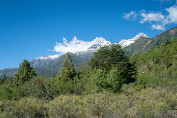 Snow covered peaks in Parque Nacional de Laguna de Laja, Chile, South America