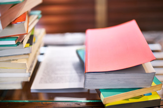 Many books on a table
