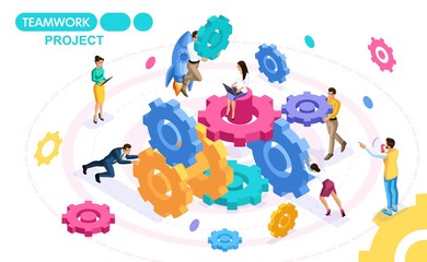 Isometric Concept developing and creating a project of teamwork, business ideas, brainstorming. People on the move. Concepts for web banners and printed materials