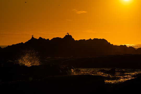 A fiery orange sunset on the rocky coast in Kaikoura, New Zealand