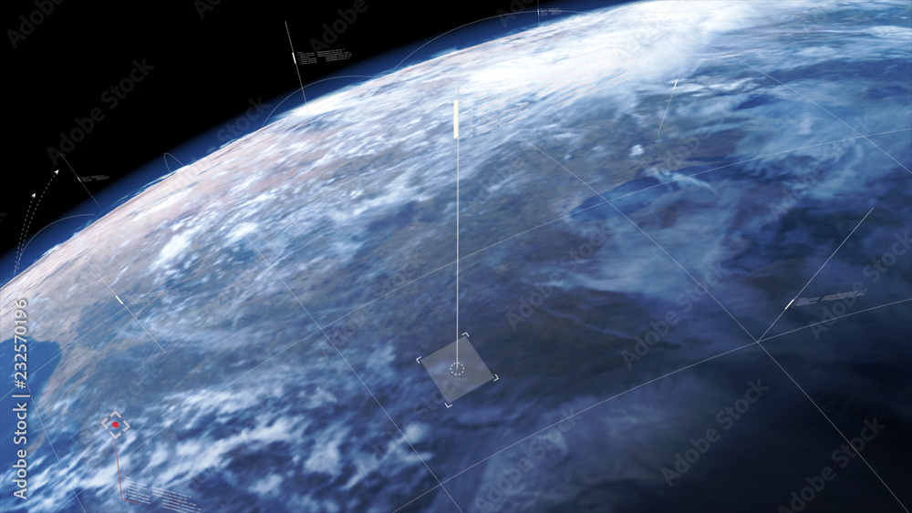 Poster futuristic earth strategic defense targeting infographic head up display of incoming missile and ene