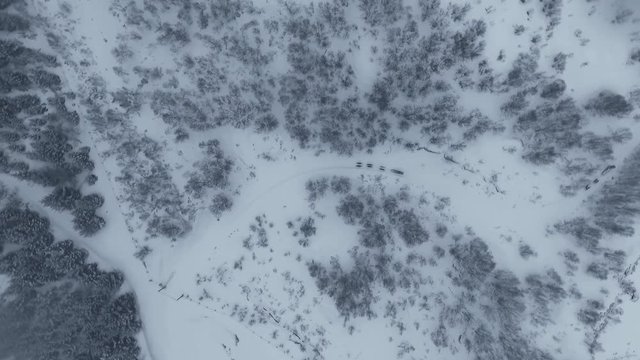 Drone shot showing dogsledding in the wilerdness of northern Norway in Vester&radic;&bull;len.