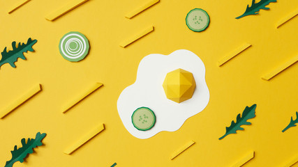 Fried egg with vegetables and fries