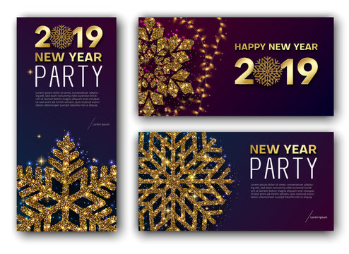 Happy New Year 2019 greeting card and party invitation card with golden snowflake.