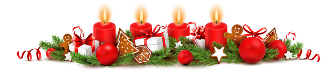 Advent Dekoration mit Kerzen, Tannenzweigen, Weihnachtskugeln, Geschenken und Lebkuchen 