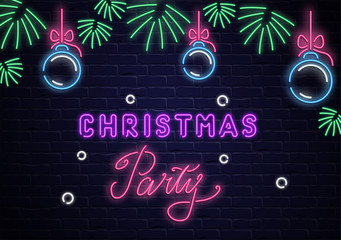Christmas party neon luminous poster with Christmas balls on brick background.
