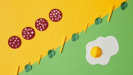 Fried egg and salami from paper