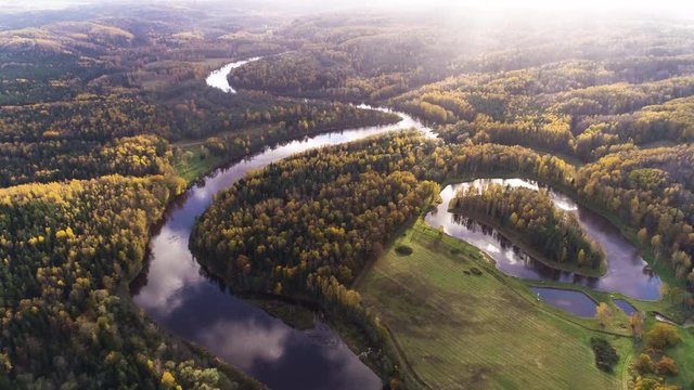 Aerial drone shot of forests and river valley in autumn in Gauja National Park, Latvia