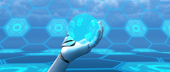 Artificial intelligence,3d illustration of robot holding holo sphere
