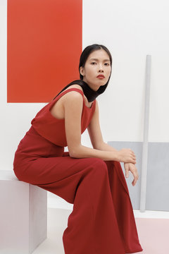 Asian fashionable female model with long hair in red in abstract space ./Fashion series