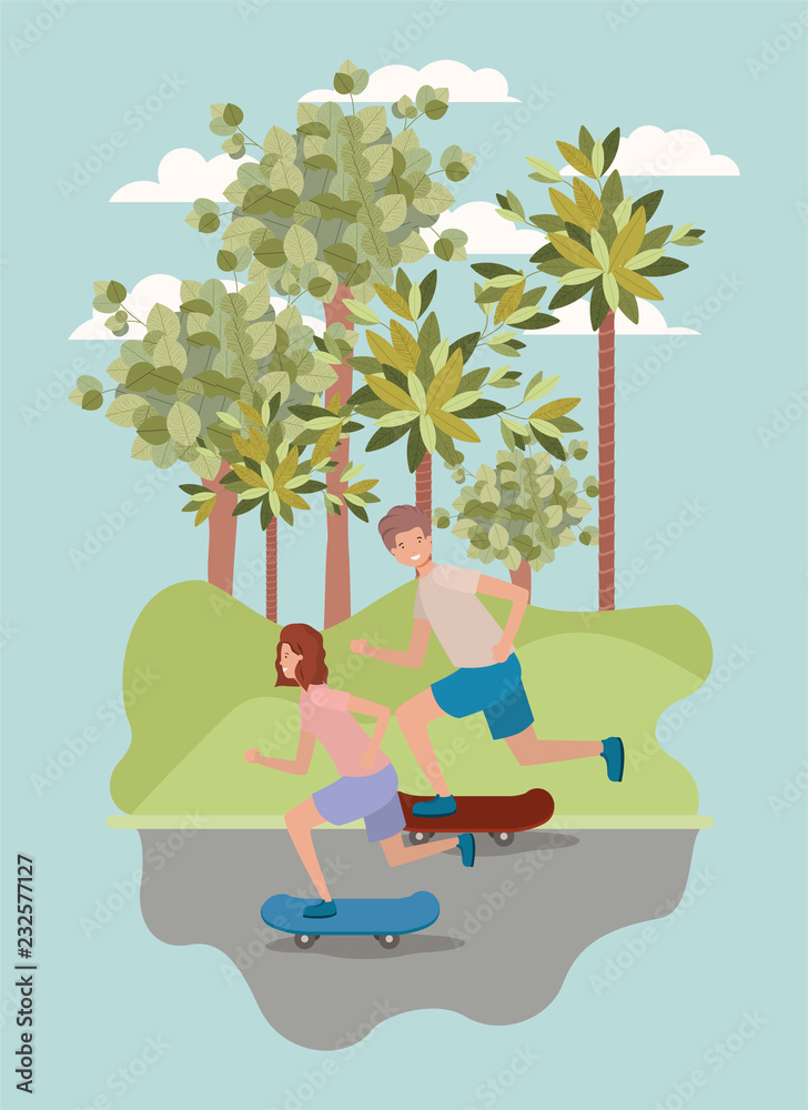 Poster young couple in skateboard on the park