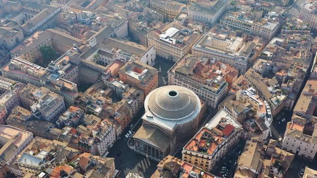 Aerial view of Pantheon in Rome, monumental ancient Rome temple - landscape panorama of Italy from above, Europe