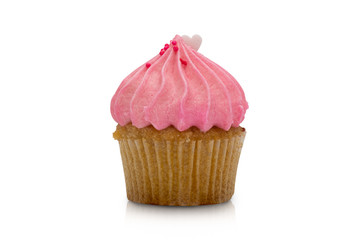 Pink strawberry cupcake isolated on white background