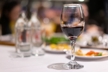 Wine glasses and wines at the night of the celebration.