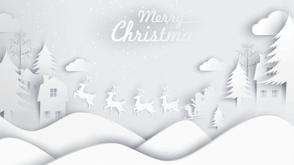 Merry Christmas and Happy New Year. Illustration of Santa Claus on the sky with reindeer sleigh and bag of gift, paper art and digital craft style