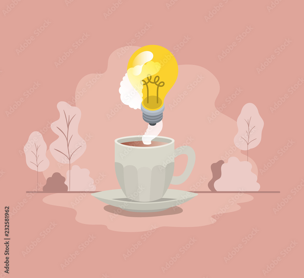 Poster cup of coffee with light bulb isolated icon