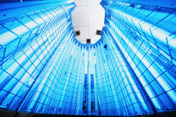 Empty capsule for phototherapy and sunbathing in a beauty salon or spa with UV lamps.