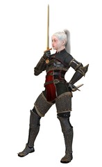 Woman elf warrior with swords isolated on white background 3D illustration