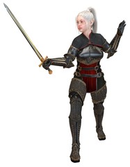 Woman elf warrior with swords isolated on white background 3D illustration