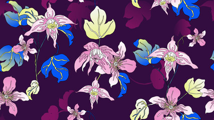 Floral seamless pattern, hand drawn Clematis alpina flowers and leaves on dark purple background, pink and purple tones