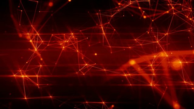 Abstract futuristic seamless animation of fiery red surface with connecting dots. Neural mesh representing internet, cloud computing and blockchain distributed network. Loopable plexus 3D animation