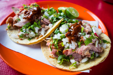 Carnitas Tacos with Salsa at Food Truck in Mexico City