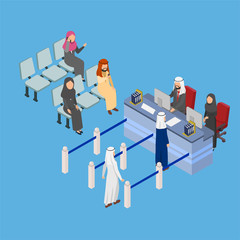 Set illustration arabian people queue at the bank teller to make transactions, Isometric 3D flat vector