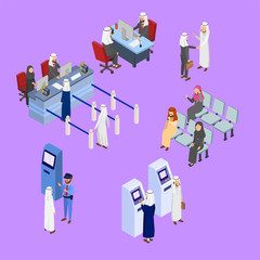 Set Illustration Situation of Arabian Bank Isometric Flat 3D Vector