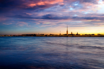 Beautiful city night landscape, white nights in St. Petersburg, view of the Neva and Peter and Paul Fortress