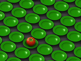 Pattern made of green plates with red tomato