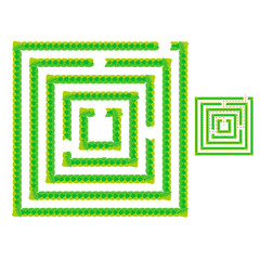 A simple green maze of leaves. Game for kids. Puzzle for children. One entrance, one exit. Labyrinth conundrum. Flat vector illustration isolated on white background. With answer.