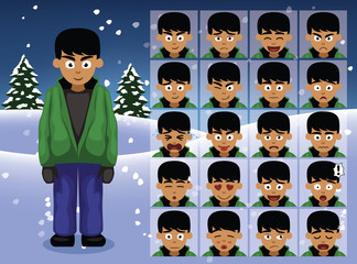 Winter Green Sweater Boy Cartoon Emotion faces Vector Illustration