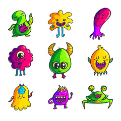 Cute monsters color hand drawn characters set