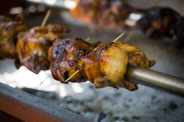 Chicken on a rotisserie grill