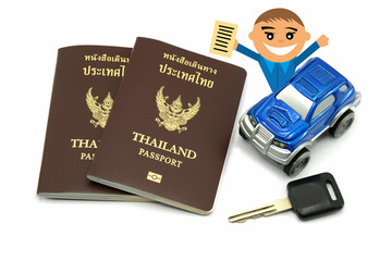 Man with thailand passport and blue 4wd car for travel concept