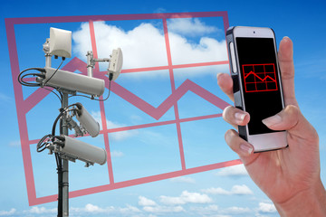 Cellular network antenna and Red falling graph chart showing on the smartphone with blue sky.