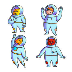 Animal astronauts hand drawn color characters set