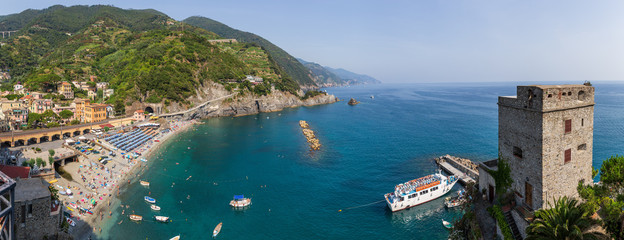 \Panoramic view of the beach and ferry stop at Monterosso al Mare, Liguria, Italy