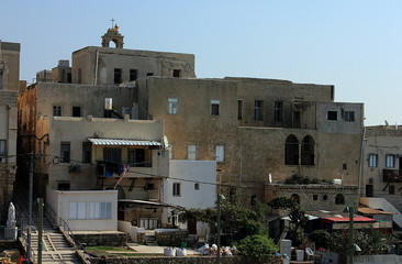 Fototapeta na wymiar House, windows and balconies in the old city of Akko (Acre), Israel